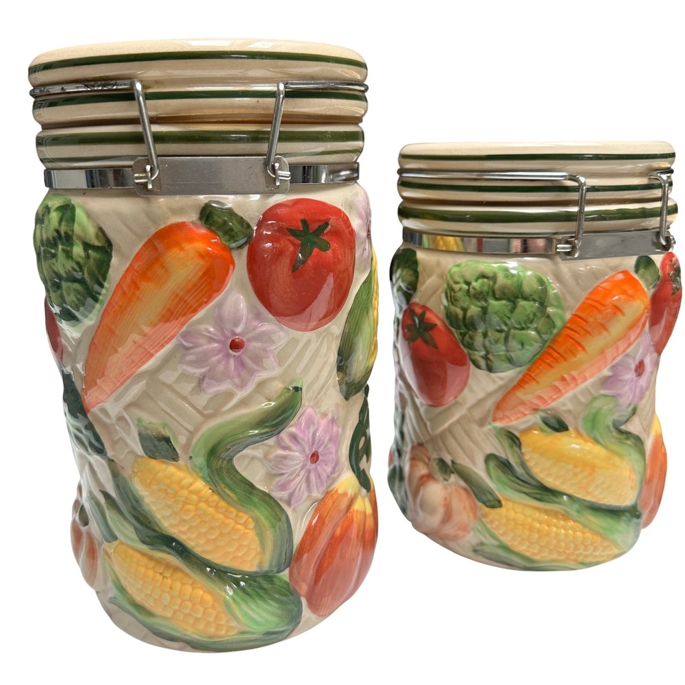 Vintage Gourmet Home Accents Ceramic Canister 3 pc Set Sculpted Fruit Colorful - Picture 8 of 16